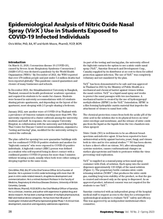 Epidemiological Analysis of Nitric Oxide Nasal Spray (VirX™) Use in Students Exposed to COVID-19 Infected Individuals